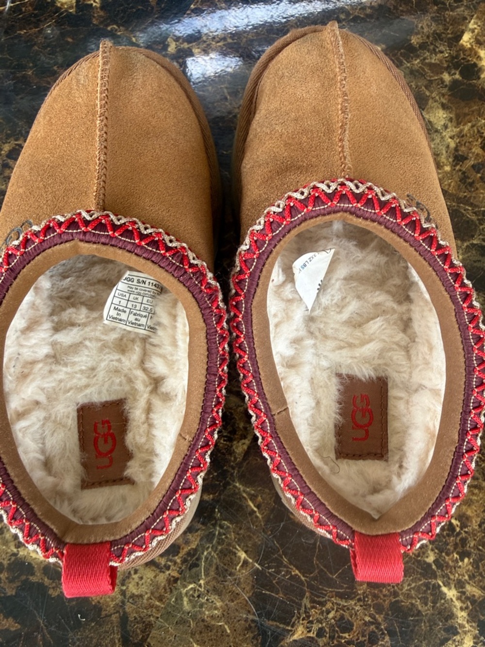 UGG Chestnut Suede Shearling-Lined Slip-On Slippers with Red Trim